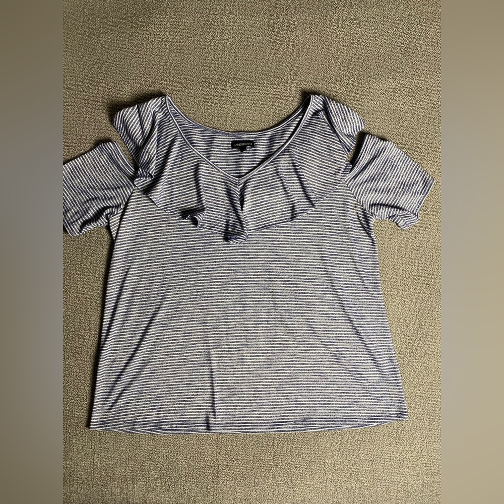 Lane Bryant Navy and White Striped C Cold Shoulder Blouse- Size 18/20